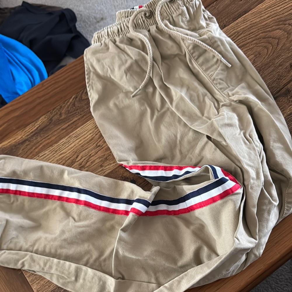 George Tan Track Pants with Red Stripe